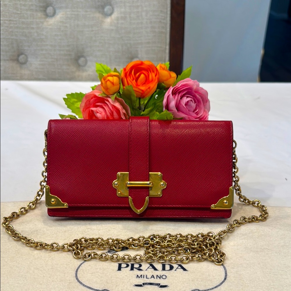 Authentic Prada Saffiano Cahier Red Leather Chain Bag